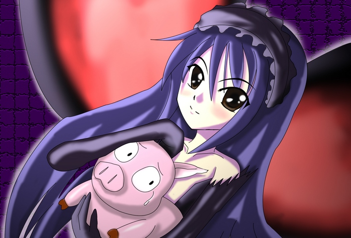 Girl holding a crying pig plushie