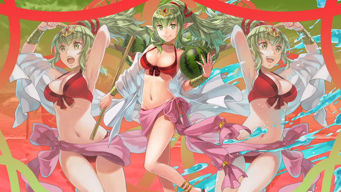 Tiki from Fire Emblem in a bikini with a watermelon