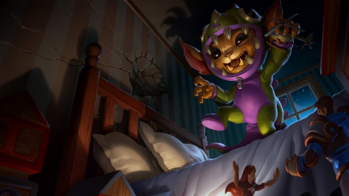 Gnar from League of Legends in a bedroom