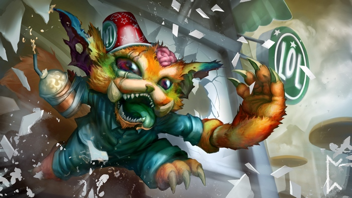 Gnar from League of Legends breaking through a wall
