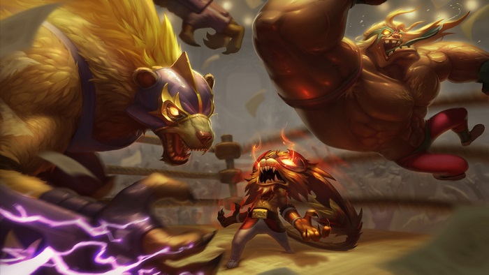 Gnar from League of Legends in a wrestling match