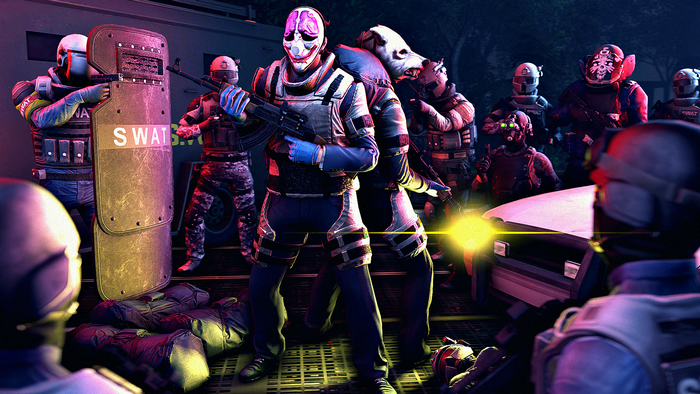 Wolf from Payday with SWAT officers and police car
