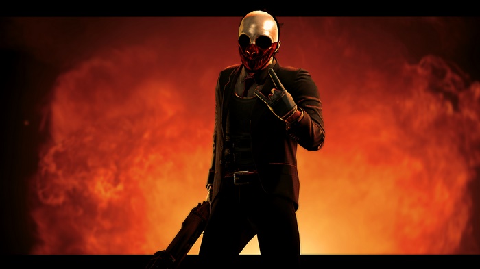 Wolf from Payday wearing a mask and suit