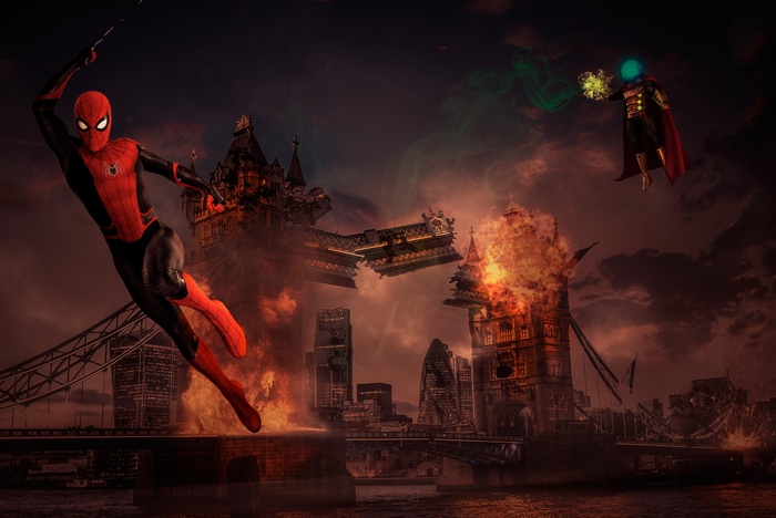 Spider-Man and Mysterio in a burning London