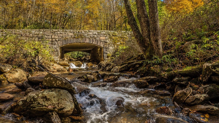 Stone bridge over a rocky stream in autumn forest