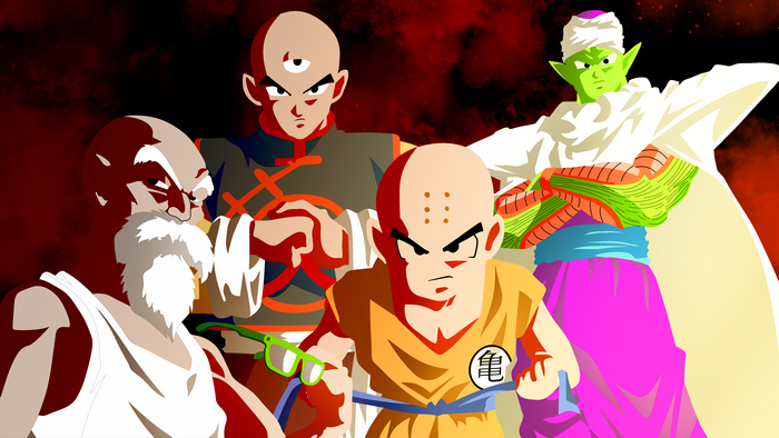 Tien Shinhan, Krillin, Master Roshi, and Piccolo from Dragon Ball