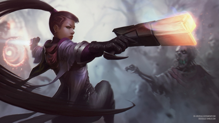 Senna from League of Legends firing a gun at a zombie