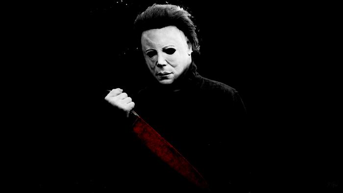 Michael Myers Holding Bloodied Knife in Dark