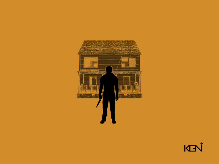 Michael Myers in front of a house