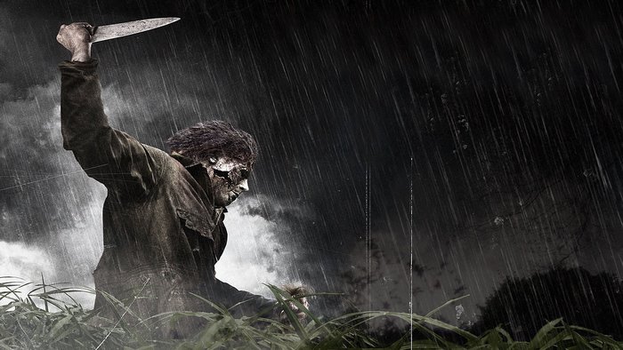 Michael Myers Holding Knife on Rainy Night