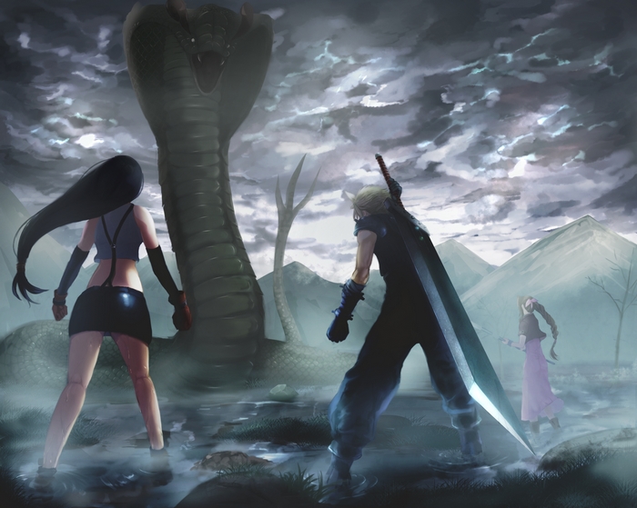Cloud, Tifa, and Aerith confront a giant snake