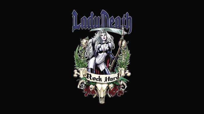 Lady Death with scythe and skulls