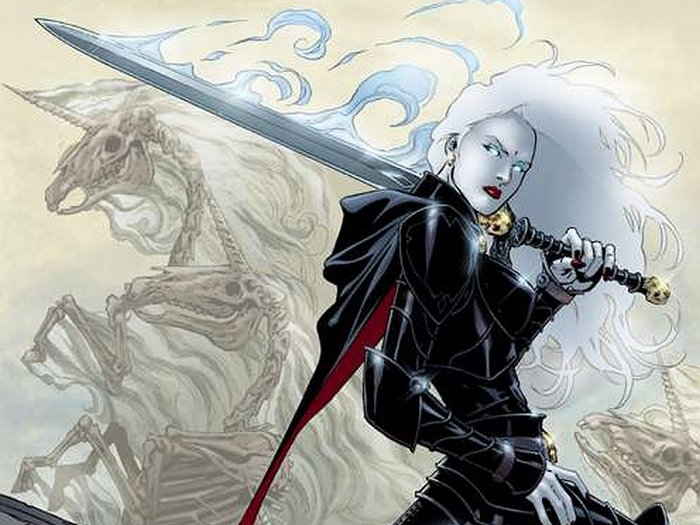 Lady Death with skeletal unicorns