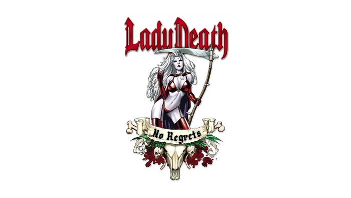 Lady Death with Scythe and "No Regrets" Banner