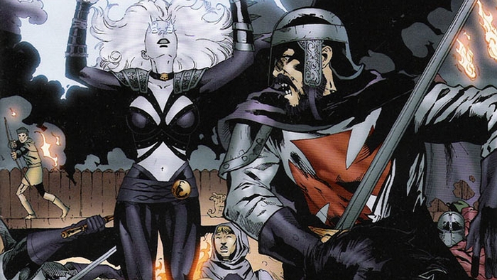 Lady Death and knights in battle