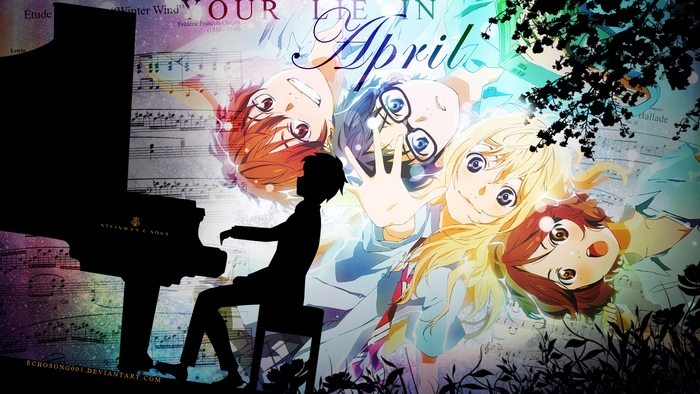 Your Lie in April characters with piano and sheet music