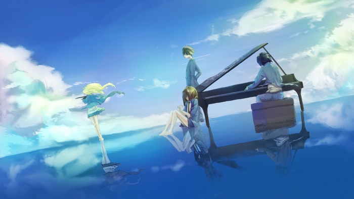Four Friends by a Piano on Water