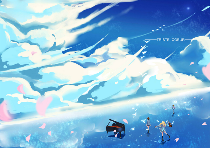 Girl with violin and piano in a surreal sky