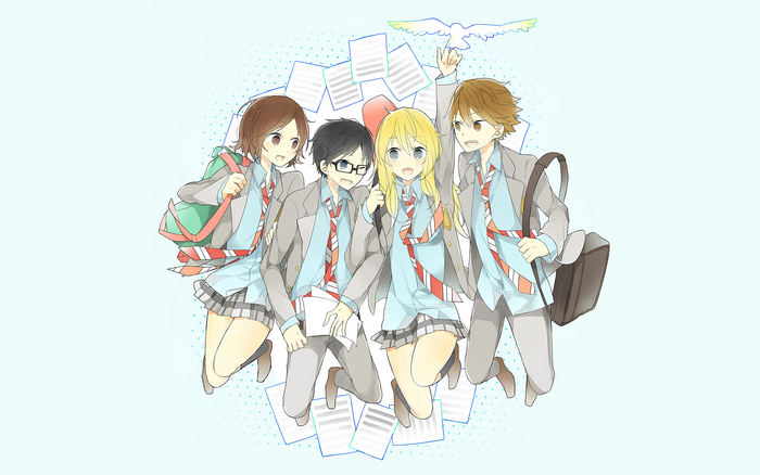 Four students jumping with papers and a bird