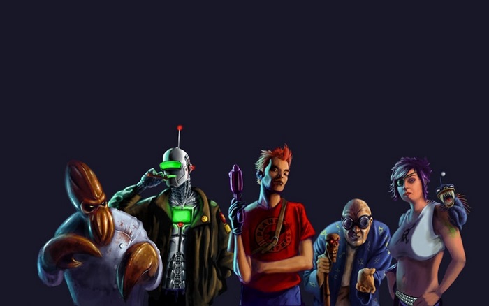 Futurama characters Zoidberg, Bender, Fry, Professor Farnsworth, and Leela