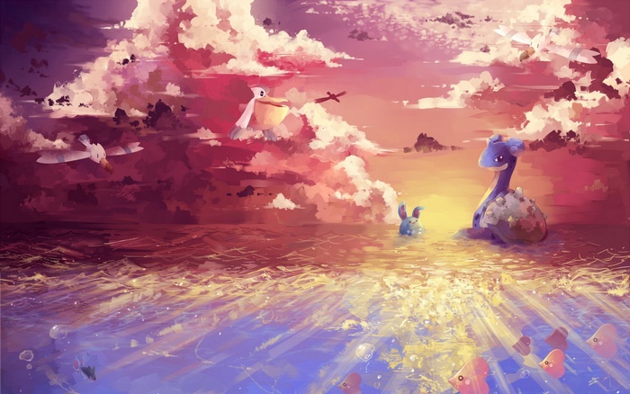 Lapras and other Pokemon in a sunset ocean