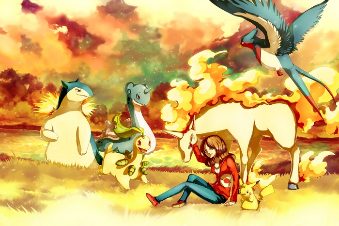 Pokemon: Typhlosion, Lapras, Meganium, Rapidash, Swellow, Pikachu, and a trainer