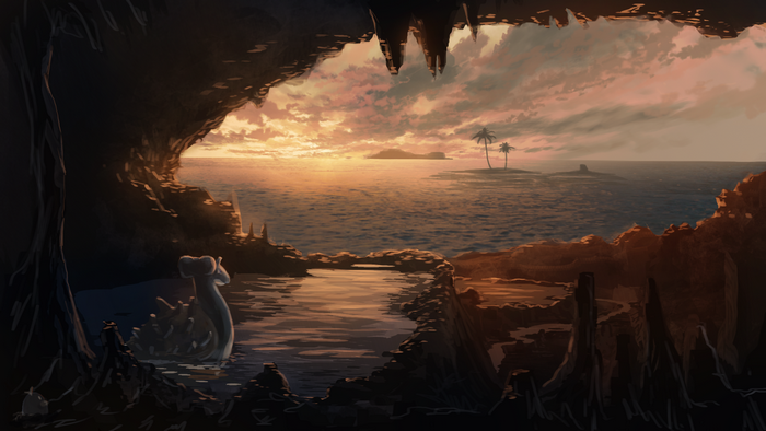 Lapras in a cave overlooking the ocean at sunset