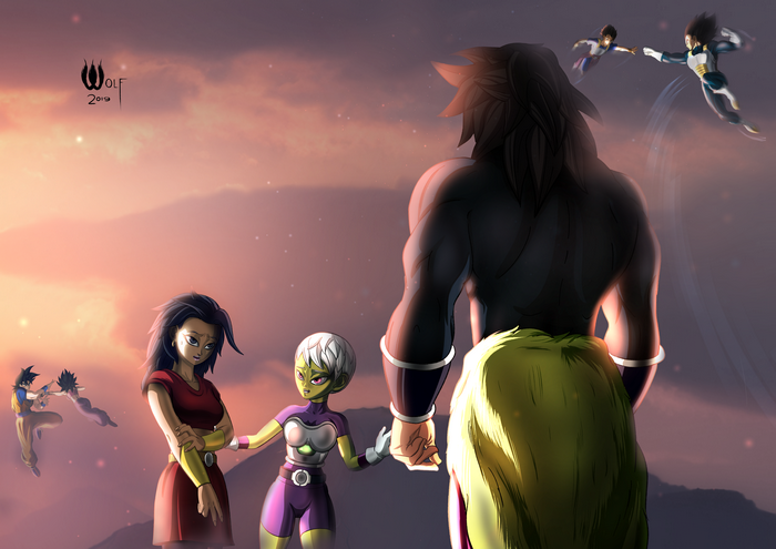 Kale and Caulifla from Dragon Ball with Broly, Goku, and Vegeta