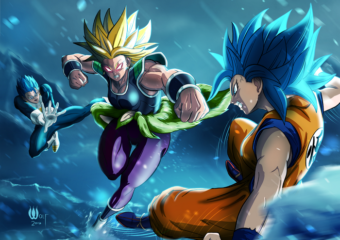 Goku, Vegeta, and Kale fighting