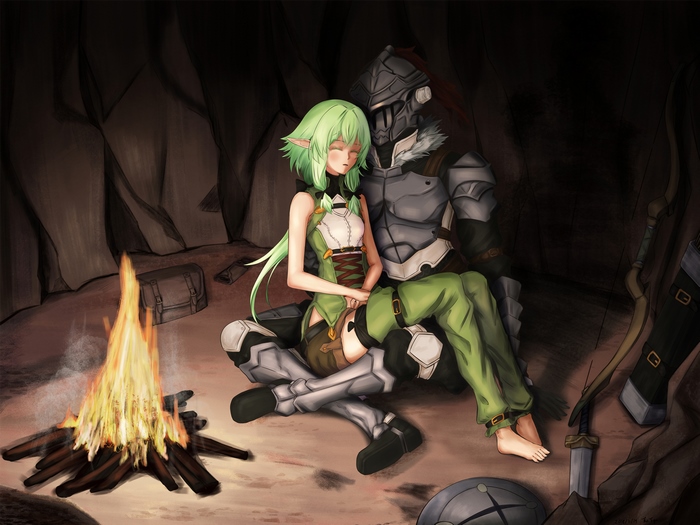 Goblin Slayer and High Elf Archer resting by campfire