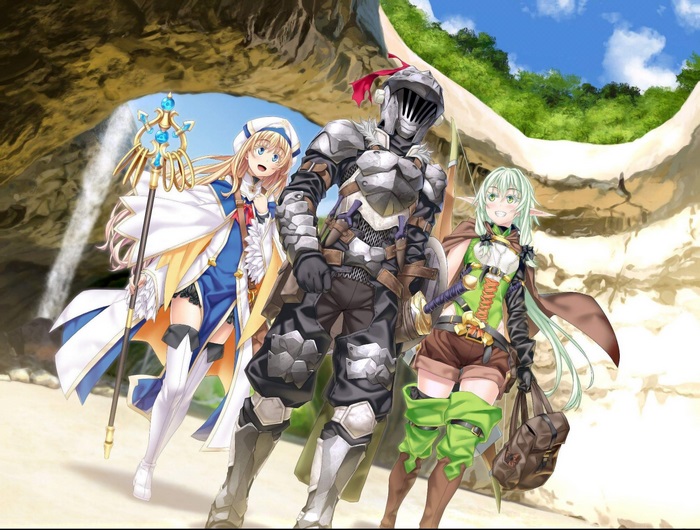 Goblin Slayer, High Elf Archer, and Priestess in a cave