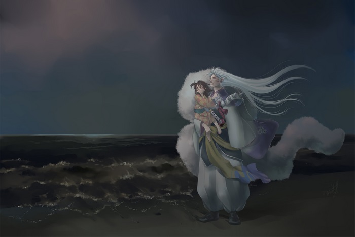 Sesshomaru carrying a girl by the sea