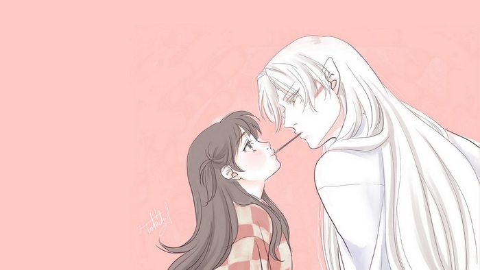 Sesshomaru and Rin from InuYasha sharing a snack