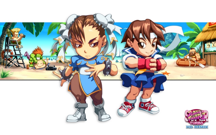 Chun-Li and Sakura from Street Fighter on a beach