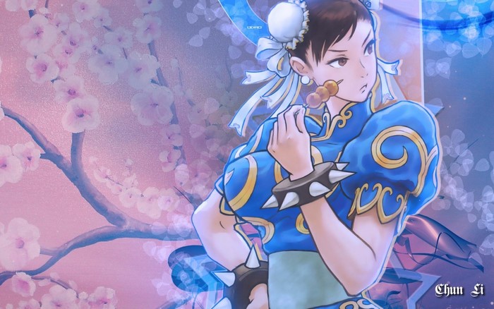 Chun-Li from Street Fighter eating dango