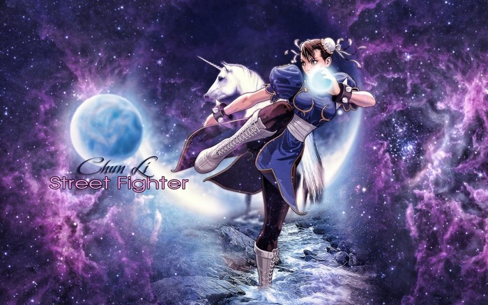 Chun-Li from Street Fighter with a unicorn