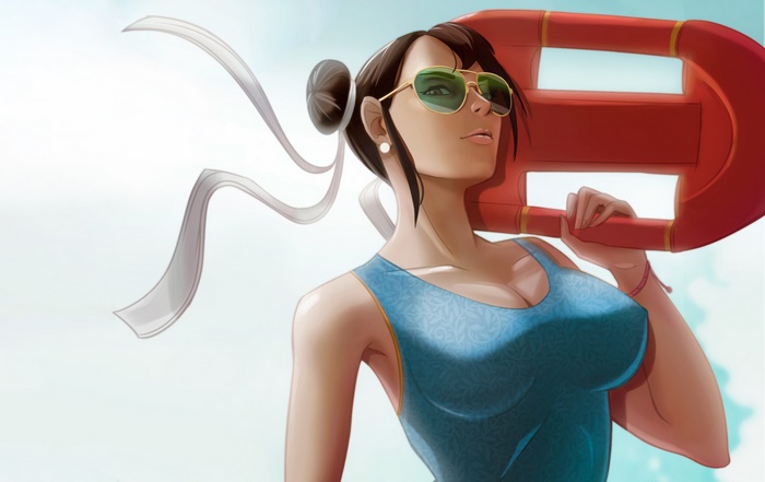 Chun-Li from Street Fighter with a life preserver