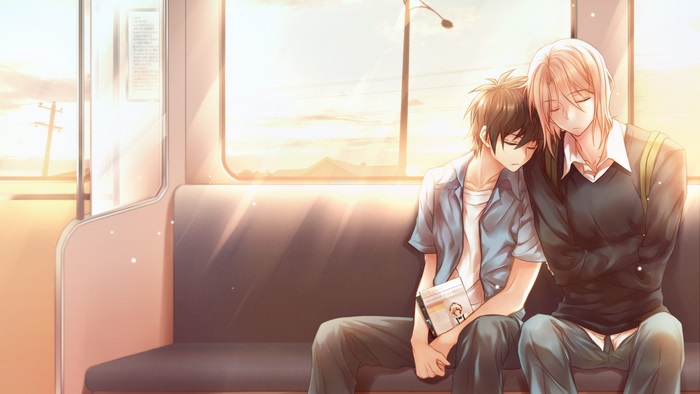 Sadao Maou and companion sleeping on a train