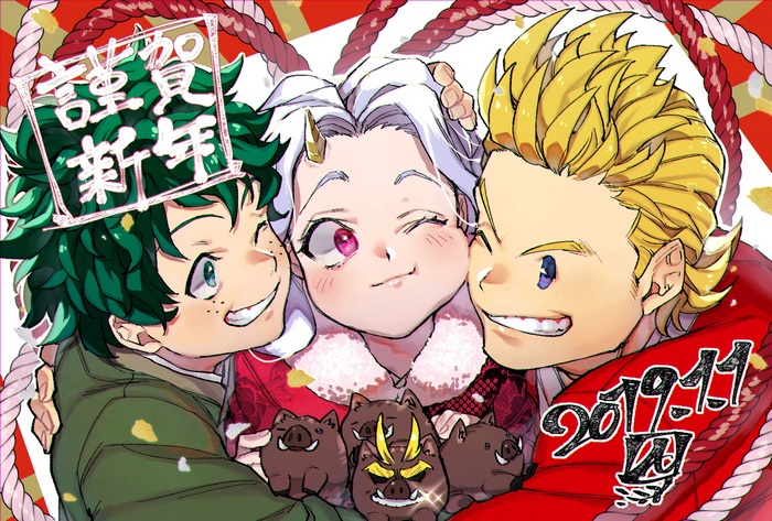 Eri, Izuku Midoriya, and Mirio Togata from My Hero Academia