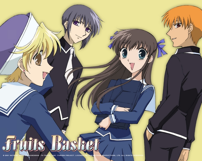 Fruits Basket characters Tohru Honda, Kyo Sohma, Yuki Sohma, and Shigure Sohma