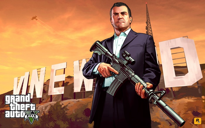 Michael De Santa from Grand Theft Auto V with a rifle