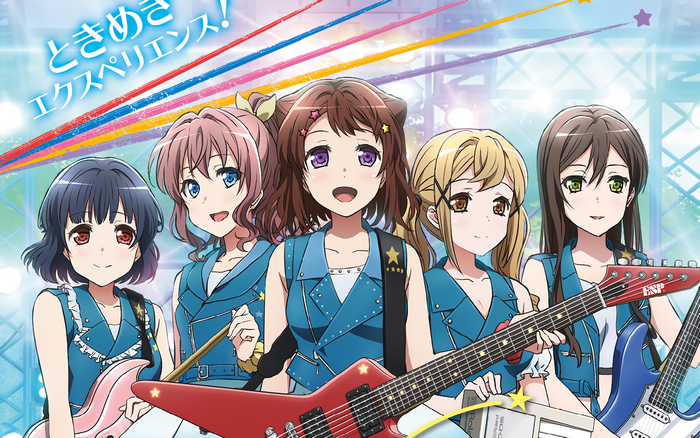 Five girls from BanG Dream! playing guitars