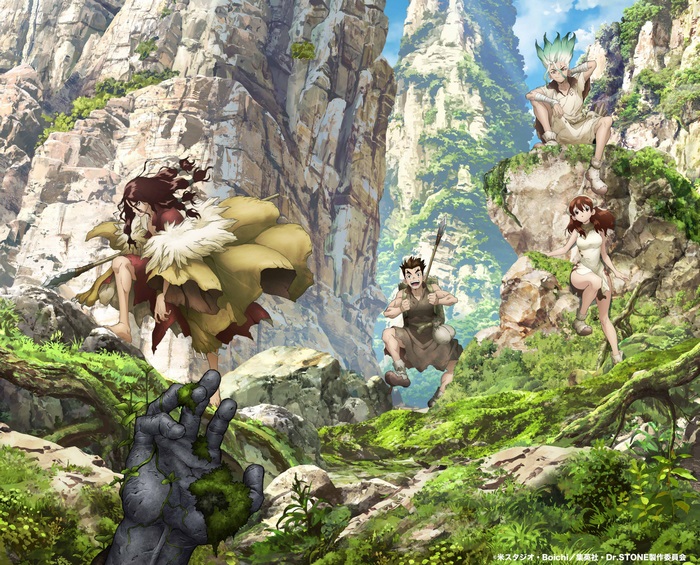 Dr. STONE characters in a rocky, green landscape