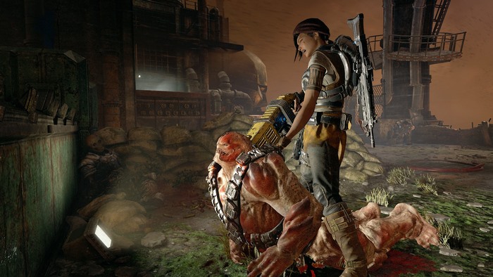 Kait Diaz from Gears of War with a fallen enemy