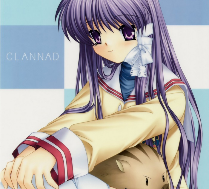 Nagisa Furukawa from CLANNAD with a boar plush