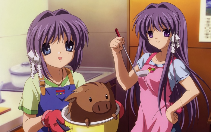 Two girls with purple hair and a boar in a pot