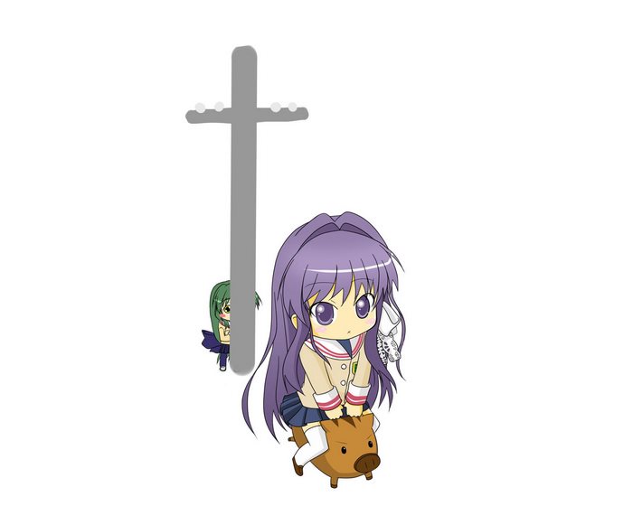 Chibi girl riding a boar near a cross