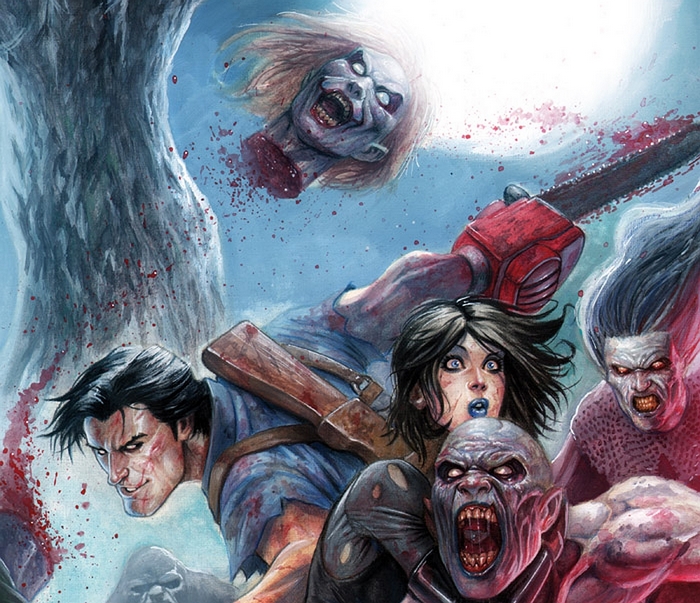 Ash Williams from Evil Dead fighting zombies