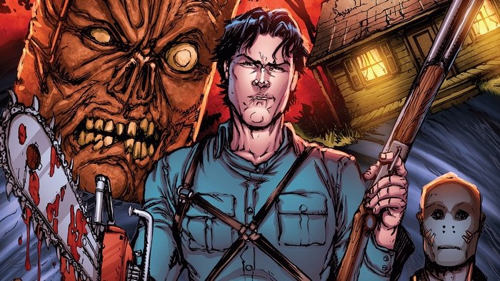 Ash Williams from Evil Dead with chainsaw and shotgun