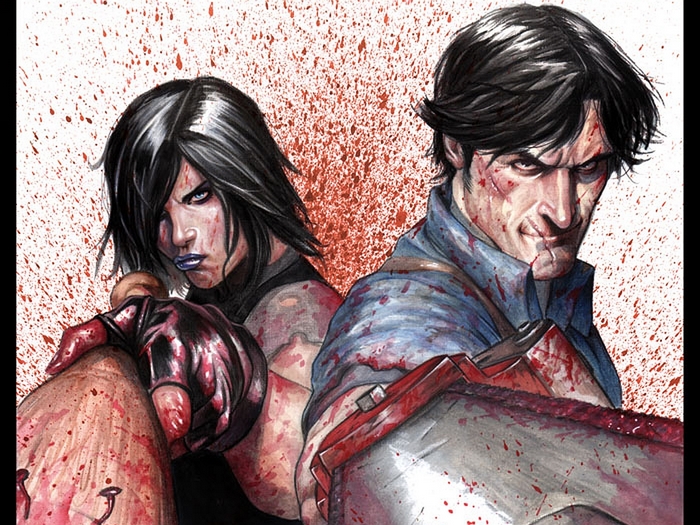 Ash Williams and female character covered in blood